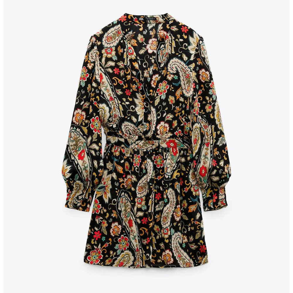 Zara Paisley Floral Printed Short V-neck Dress in Black - Picture 4 of 15